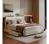 Générique Lit 140x200 avec Sommier, Lit Double avec 4 Tiroirs de Rangement et Recharge USB, Lit 2 Personnes avec Sommier à Lattes en Bois et Tête de Lit Capitonnée, Lit rembourré avec Type-C,PU,Blanc