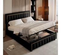 Générique Lit 160 x 200 cm, avec Tête de lit et Coffre Hydraulique, Double à Lattes pour 2 Personnes, Rembourré avec Cadre, Garniture dorée, sans Matelas (Noir, 160x200cm)