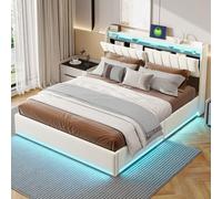 Générique Lit 160 x 200cm avec Sommier LED & USB,Convient pour Un Couchage Double, Rangement & Tete de Lit, Espace de Stockage Hydraulique, Velours, Beige, sans Matelas (160 * 200)