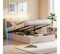 Générique Lit 160x200 cm avec Lumière LED, Lit Coffre avec Rangement, Lits 2 Personne avec sommier à Lattes, Velours, Beige, sans Matelas