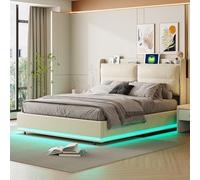Générique Lit 160x200 Coffre, Cadre de Lit avec Sommier à Lattes, Lits Double avec LED Réglable, Lits Flottant Rembourré pour Adultes et Adolescents, Blanc, Velours, sans Matelas