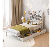 Générique Lit 90x200cm avec Sommier,Lit 1 Place avec 2 Tiroirs, Tête de lit avec Rangement,pour Adultes et Adolescents,Blanc,sans Matelas