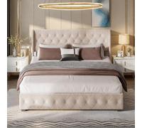 Générique Lit Coffre 140x190 avec Hydraulique Rangement, Lit Double Rembourré 140x190 cm avec Tete de lit et sommier à Lattes, Velours-sans Matelas,Beige