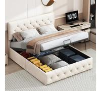 Générique Lit Coffre 140x200 avec Tête de Lit Réglable, Rembourré avec Rangement, Double avec Hydraulique, 2 Personnes pour Adultes, Adolescents, Velours, Beige