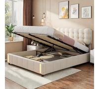 Générique Lit Coffre 140x200, Cadre de Lit avec Lumière LED, Lits Capitonné avec Rangement, Lits Double avec Fonction Hydraulique, pour Adulte, Velours, Beige, sans Matelas
