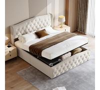 Générique Lit Coffre 140x200 cm avec Tete de lit et sommier à Lattes, Lits Capitonnée Double Réglable en Hauteur, avec Hydraulique Rangement sous Lits,Rivet Velours-sans Matelas (Beige, 140x200cm)