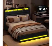 Générique Lit Coffre 160x200 avec LED & Système Hydraulique, Cadre de lit avec Tête de Lit capitonné et Rangement, Sommier à Lattes Lattes en Bois, Noir PU, sans Matelas