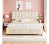 Générique Lit Coffre 160x200 avec LED & Système Hydraulique - Velours Beige Clair Capitonné, Rangement Spacieux & Sommier à Lattes, sans Matelas