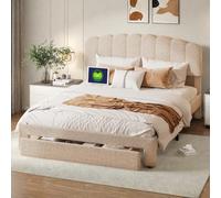 Générique Lit Coffre 160x200 en Velours Teddy Beige, Sommier à Lattes, Tête de Lit avec Port USB, Grand Espace de Rangement, Couchage Double Confort pour Adultes et Adolescents, sans Matelas