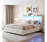 Générique Lit Double 160 x 200 cm avec LED et Ports USB, lit Coffre avec système hydraulique, tête de lit avec Compartiment de Rangement, Velours,Blanc