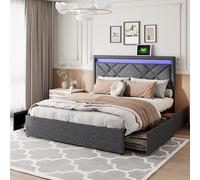 Générique Lit Double 160x200, Lit Coffre avec LED et USB, 4 Tiroirs, Tête de Lit Rembourrée Ajustable, Lin, Gris, sans Matelas