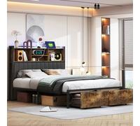Générique Lit Double 160x200cm, Cadre de lit en Fer avec 2 Tiroirs de Rangement, Lits Capitonné avec Éclairage LED et Prises USB, PU Tête de Lit avec Rangement, Style Industriel, sans Matelas