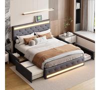 Générique Lit Double capitonné 140 x 200 cm, avec Fonction de Charge USB et 4 tiroirs, 2 Personnes avec tête de lit et éclairage LED, pour d'adolescent,Gris
