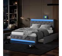 Générique Lit Double Capitonné 160 x 200 cm Avec Coffre, Fonction de Charge USB, Tête de Lit, Éclairage LED et 4 Tiroirs - Gris