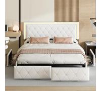 Générique Lit Double rembourré 140x200 cm avec sommier éclairage LED, Lit 2 Personnes avec 4 tiroirs et réglable Tête de lit,en PU, pour Adultes et Adolescents (Blanc, 140X200cm)