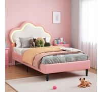 Générique Lit Enfant 90x200 cm, LIt Simple avec Éclairage LED,Tête de lit Réglable en Hauteur en Forme de Nuages,Lit Enfant Rembourré pour Fille Adolescent, Lit 1 Place avec Sommier à Lattes