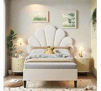 Générique Lit Enfant 90x200 cm, Lit Simple pour Fille avec Tête De Lit en Forme De Pétale, Sommier à Lattes, pour Ado, D'appoint, Velours, Beige