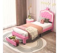Générique Lit Enfant Rembourré 90x200 cm avec LED,Lit Princesse Couronne,Lit Simple 90x200 avec Grand tiroir au Pied du lit et Sommier à Lattes,PU, Rose
