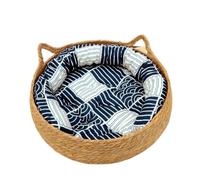 Générique Lit pour Chat Rotin Tissage Chat Panier Animal lit avec Coussin Doux Chaud Chiot Chaton Beignet Rond Confortable Dormir Maison(Blue Cushion,35cm)