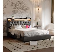Générique Lit rembourré 140x200 cm avec éclairage LED et Port de Charge USB, sommier à Lattes, tête de lit rembourrée avec Poches latérales, Style Contemporain, PU (Noir, 140x200cm)