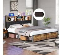 Générique Lit rembourré 140x200 cm avec Recharge USB et 4 tiroirs, Lit Double avec éclairage LED, lit 2 Personnes avec sommier à Lattes en Bois,PU, Noir
