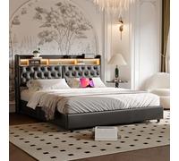 Générique Lit rembourré 180x200 cm avec éclairage LED et Port de Charge USB, sommier à Lattes, tête de lit rembourrée avec Poches latérales, Style Contemporain, PU (Noir, 180x200cm)