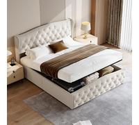Générique Lit Rembourré avec Rangement, Double avec Hydraulique,Coffre 160x200 avec Tête de lit de Ligne de Vague,Lit Velours pour Adulte,Beige(Beige, 160x200 cm)