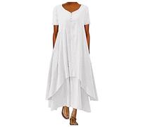 Générique Longue Robe Blanche Col en V Ete Pas Cher Grande Taille Rétro Maxi Lâche Imprimé Florales Bohème San Manches Mi-Longue Dress Cotton Line Décontracté pour Fêter Robes Tunique1