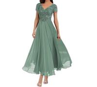 Générique Longueur De Thé MèRe De La MariéE Robes Col V Dentelle Appliques Mousseline De Soie Manches Courtes Robes De SoiréE Formelles pour Les Femmes Eucalyptus M