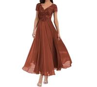 Générique Longueur De Thé MèRe De La MariéE Robes Col V Dentelle Appliques Mousseline De Soie Manches Courtes Robes De SoiréE Formelles pour Les Femmes Burnt Orange L