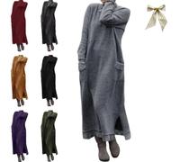 Générique Loose Plus Size Lace Maxi Dress,Elegant Long Sleeve Knitted Lace Pullover Dresses with Pockets,Casual Solid Crewneck Dresses