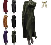 Générique Loose Plus Size Lace Maxi Dress,Elegant Long Sleeve Knitted Lace Pullover Dresses with Pockets,Casual Solid Crewneck Dresses