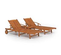 Générique Lot 2 Chaises Longues Bois Acacia Massif avec Table | Dossier 5 positions reglable, repose-pieds ajustable, table coulissante, 2 roues, 110 kg par siege