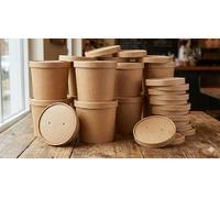 Générique Lot de 100 Grands Pots à Soupe en Carton Kraft + Couvercles - 750 ml (26 oz) - Bol Jetable XXL pour Repas Complets, Salades Géantes, Ramen - Emballage Alimentaire Étanche et Écologique