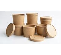 Générique Lot de 100 Pots à Soupe en Carton Kraft + Couvercles - 450 ml (16 oz) - Bol Alimentaire Format Déjeuner pour Soupes, Pâtes et Plats Chauds - Emballage Jetable Étanche avec Trous de Vapeur