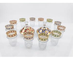 Générique Lot de 12 Verres à Thé Marocain en Verre avec 2 Petits Tajine, Décoration Florale Dorée, Multicolore