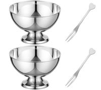 Générique Lot de 2 coupelles à dessert en acier inoxydable 200 ml, bols à glace avec pieds et fourchettes, argentées, 10 x 6 cm, pour salade de fruits, pudding, apéritif, matériel de réception