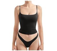 Générique Lot de 2 Femme Camisole Debardeur avec Soutien Gorge Integre Femme Tank Top Spaghetti Sangle sans Manche en Coupe Cintrée Col en U Elegant et Respirant et Confortable (Black, M)