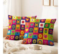 Générique Lot de 2 Housses de Coussin Dessiné à la Main, Motif Grille, Mignon décoratives 50 x 30 CM Carrés, Motif Floral, Cœurs, Soleil Doux Décoratif Taie d'oreiller pour Chambre, Chaise