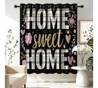 Générique Lot de 2 Rideaux Occultant Thermiques Isolant Anti Froid et Chaleur 110L X 215H cm Rideau Salon à Oeillets Romantique Cœur Floral Carreaux Couronnes Decoration Chambre Maison Cuisine, Noir