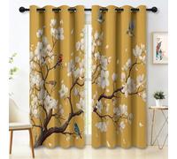 Générique Lot de 2 Rideaux Occultant Thermiques Isolant Anti Froid et Chaleur 75L X 166H cm Rideau Salon à Oeillets Chinois Fleurs Plante Animal Oiseaux Decoration Chambre Maison Cuisine, Jaune