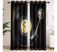 Générique Lot de 2 Rideaux Occultants Nostalgique, Rétro, Documentaire | Finition à Oeillets - Isolation Thermique et Phonique - Style Disques Vinyles Noirs, Gramophone pour garçons et Filles