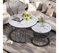 Générique Lot de 2 Tables Basse Rondes Blanche, Table Basse Marbre, Petite Table Balcon 2 Personnes avec Pied en Métal Noir, 70cm + 45cm (Blanc Marbre+ Noir Pied)