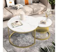 Générique Lot de 2 Tables Basses Gigognes Blanc avec Cadre Doré, Tables Basses Rondes Modernes pour Salon, Chambre, Balcon, Bureau. 60cm + 45cm (Blanc Marbre+ Noir Pied)