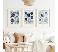 Générique Lot de 3 affiches haut de gamme, impressions sur toile florales bleues, art mural bohème abstrait moderne, impressions d'art sans cadre, tableaux pour salon et chambre (40 x 50 cm)