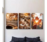 Générique Lot de 3 affiches murales paysage d’automne, feuilles d’érable et scène de café. Impressions sur toile sans cadre pour salon et chambre, décoration naturelle et moderne (40 * 50CM)