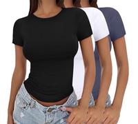 Générique Lot de 3 T-Shirt Y2k pour Femme Haut élégant à Manches Courtes et col Rond Tshirt Basique Coupe Ajustée Extensible Décontracté Été