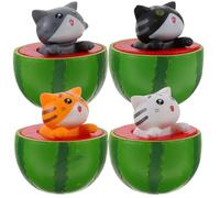 Générique Lot de 4 Figurines de Chat Amulette en Résine Décorations Artisanales Thème Chaton et Pastèque Statues Légères et Résistantes pour Jardin Terrasse et Maison Décor Estival