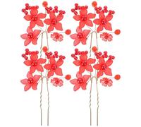 Générique Lot de 4 Fourchettes à Cheveux Rouges Mat de Fleur Perles Décoratives, Accessoires pour Cheveux Femme, Épingles à Chignon Vintage pour Mariage et Coiffures Élégantes