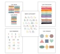 Générique Lot de 5 affiches Apprendre et décorer abecedaire numéro forme couleur mois jour - chambre enfant bébé - garcon ou fille - Idée cadeau - Thème maternelle (A4 (21x29,7cm))